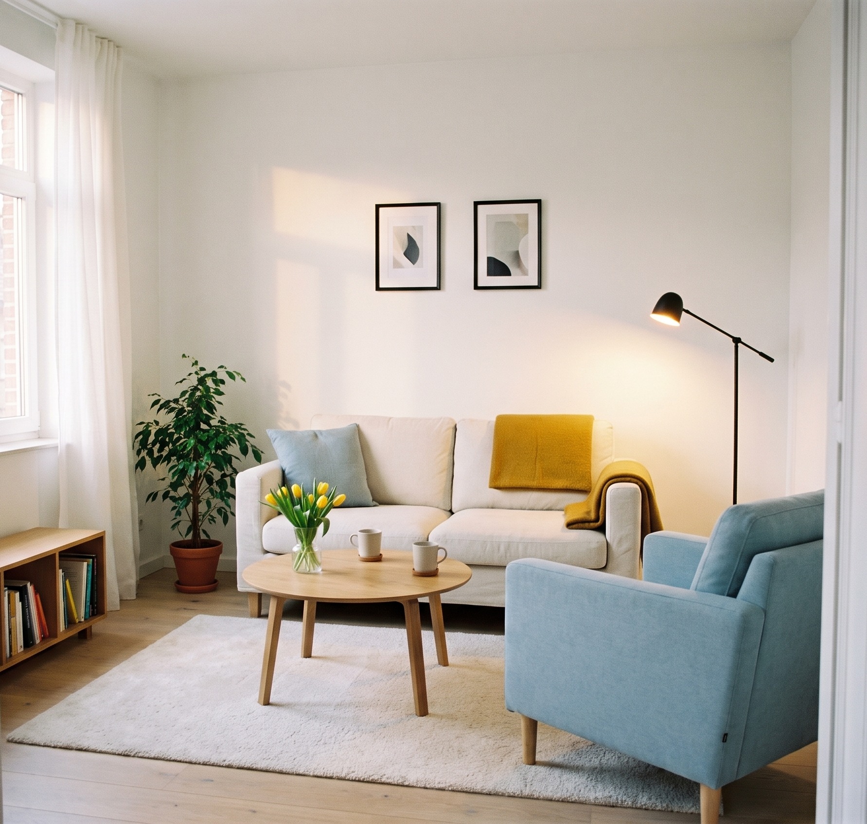 De praktijkruimte met een tweezitsofa, een blauwe zetel en een salontafel